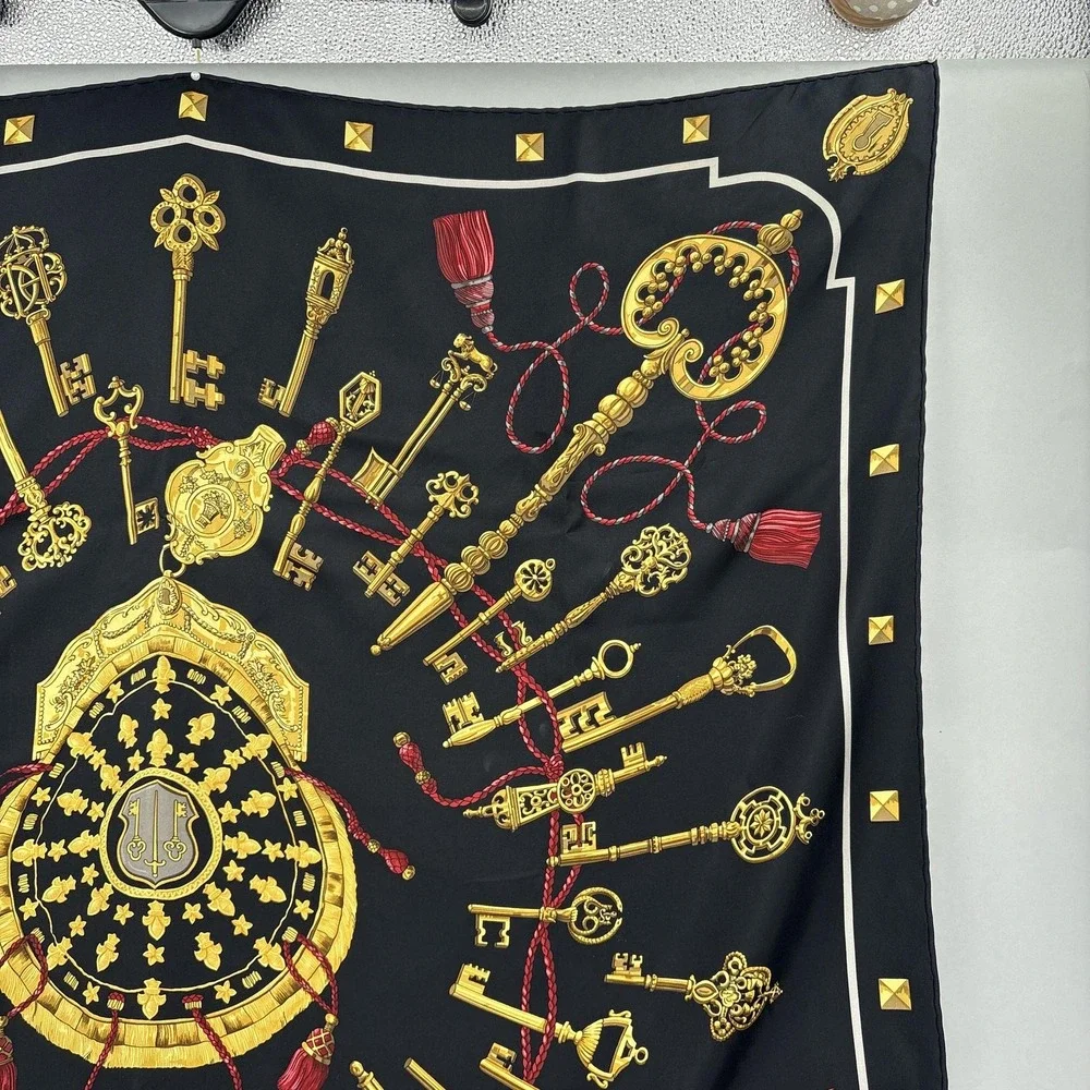 Hermes Scarf Silk Black Gold the Keys Print Square Les Kles 90 Carre France